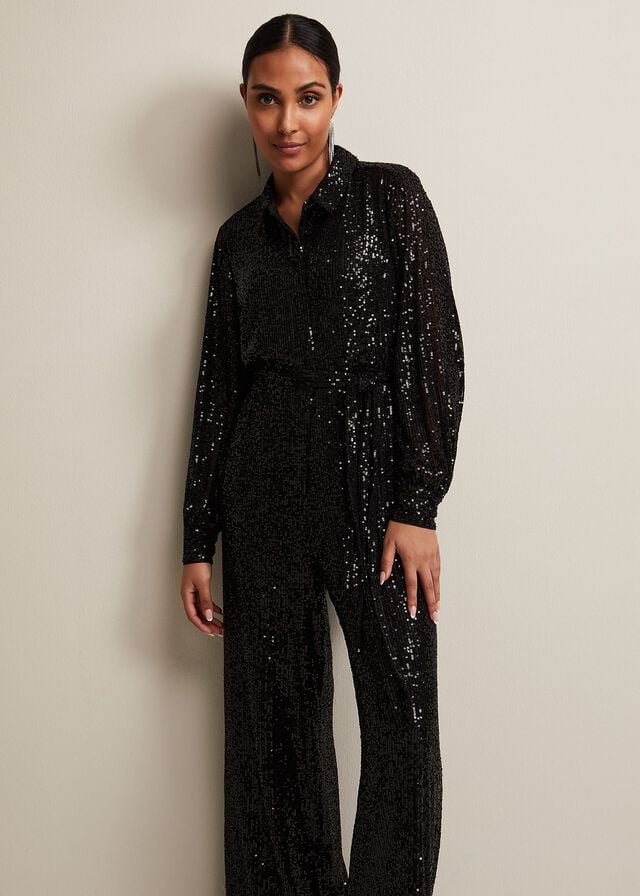 Black Phase Eight Petite Alessandra Sequin Jumpsuit | 4102GIDBU