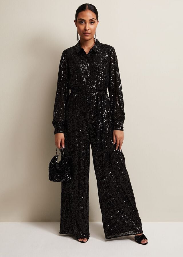 Black Phase Eight Petite Alessandra Sequin Jumpsuit | 4102GIDBU