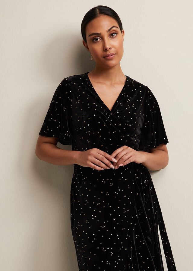 Black Phase Eight Petite Holly Velvet Star Wrap Dress | 0731VOPTB