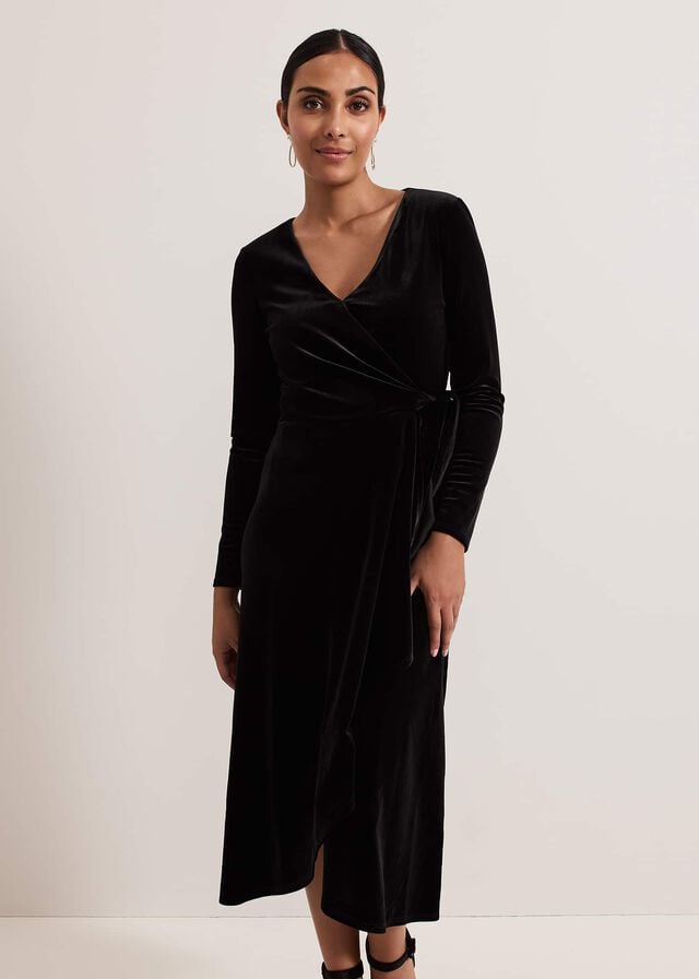 Black Phase Eight Petite Julia Velvet Wrap Dress | 6495IZVAN