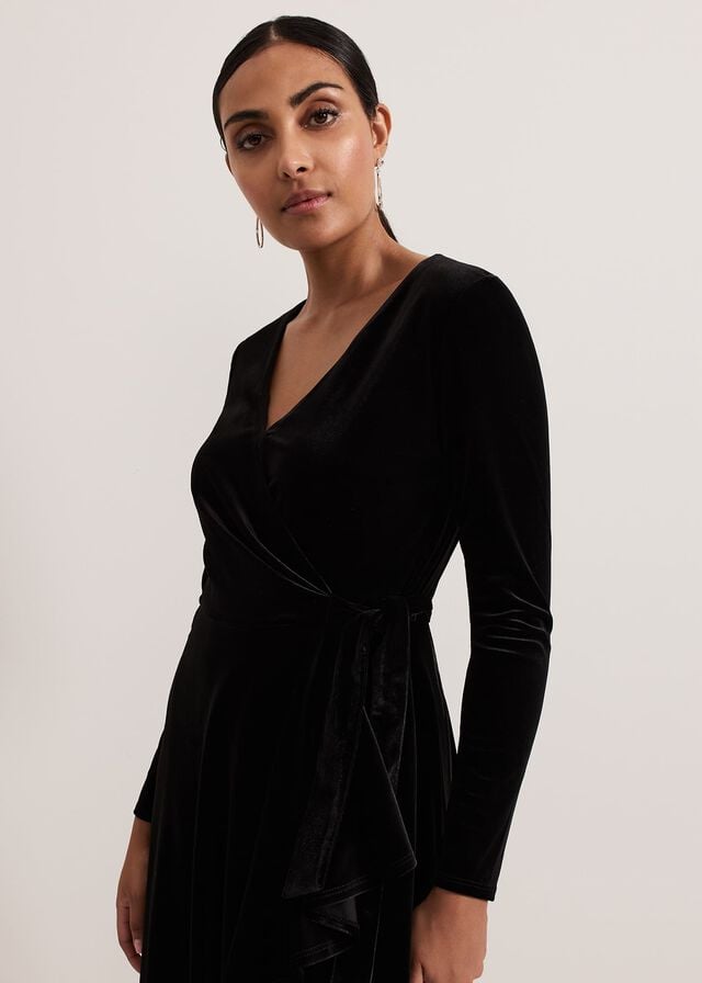 Black Phase Eight Petite Julia Velvet Wrap Dress | 6495IZVAN