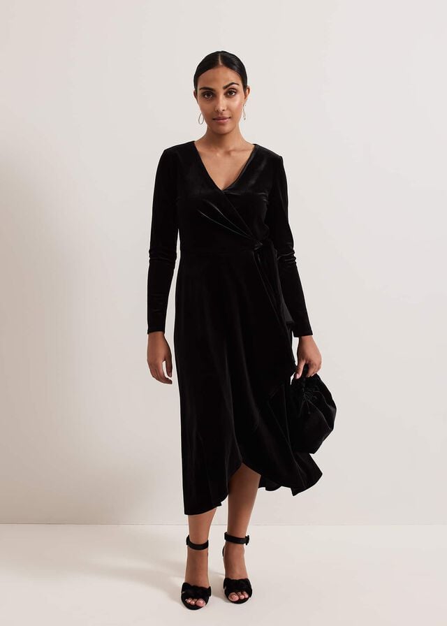 Black Phase Eight Petite Julia Velvet Wrap Dress | 6495IZVAN