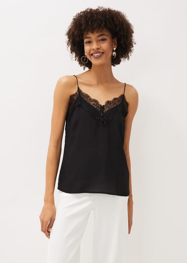 Black Phase Eight Rachael Lace Trim Silk Camisole Shirts | 8639ZTGKR