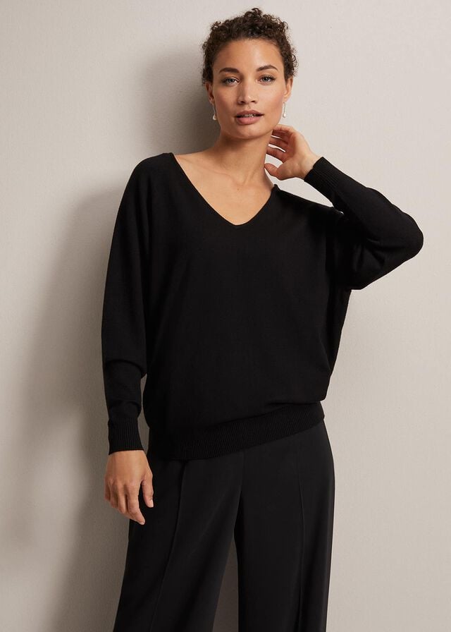 Black Phase Eight Senita Fine V-Neck Knitwear | 1756NUHBL