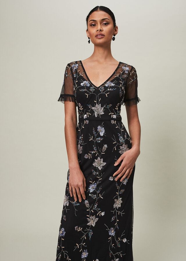 Black Phase Eight Sierra Sequin Floral Dress | 5842BSVIU