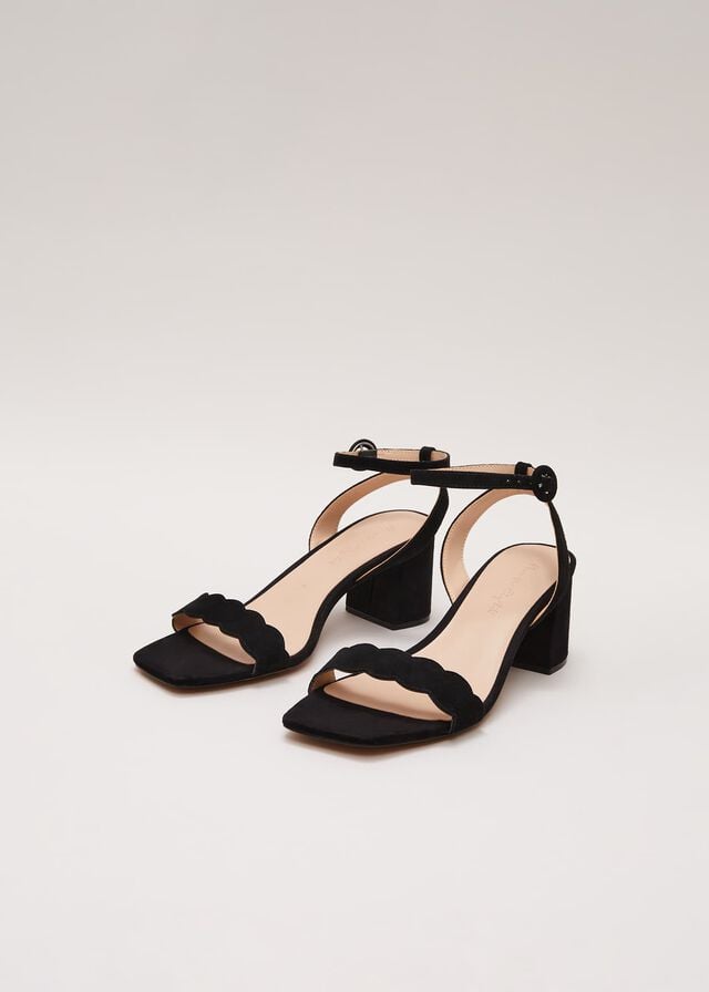 Black Phase Eight Suede Scallop Block Heels | 4581UAXPR