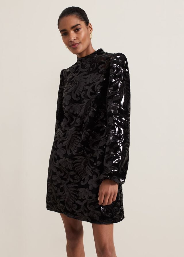 Black Phase Eight Trudy Sequin Velvet Shift Dress | 1693XHKCQ