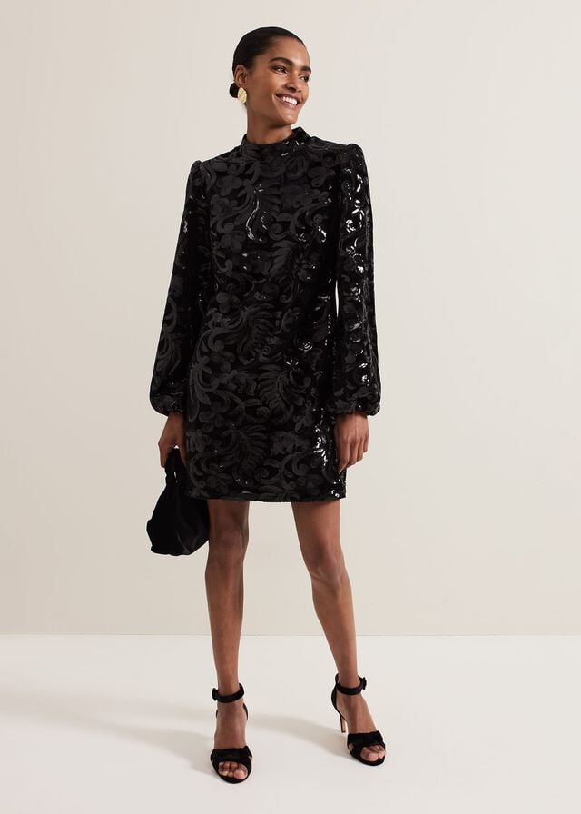 Black Phase Eight Trudy Sequin Velvet Shift Dress | 1693XHKCQ