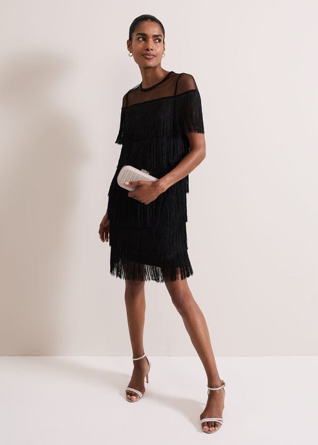 Black Phase Eight Viola Fringe Dress | 4587LCFKM