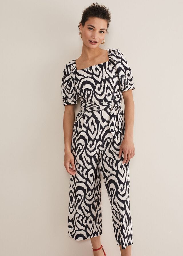 Black / Cream Phase Eight Sara Ikat Wide Leg Jumpsuit | 5962BKFOE