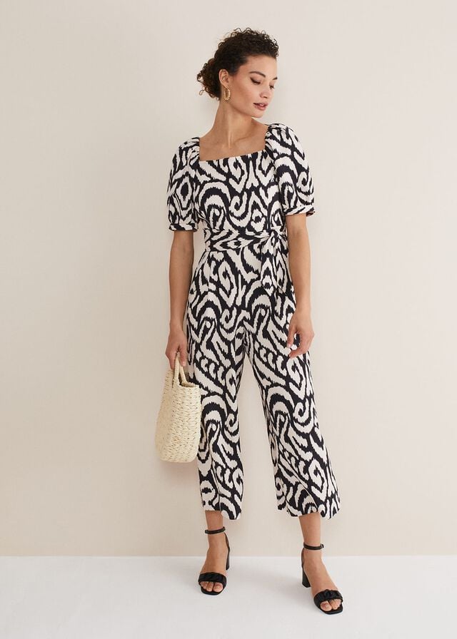 Black / Cream Phase Eight Sara Ikat Wide Leg Jumpsuit | 5962BKFOE