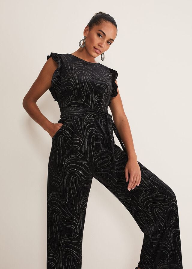 Black / Gold Phase Eight Victoriana Swirl Velvet Jumpsuit | 9065BPFIN