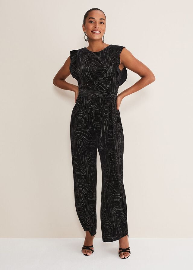 Black / Gold Phase Eight Victoriana Swirl Velvet Jumpsuit | 9065BPFIN