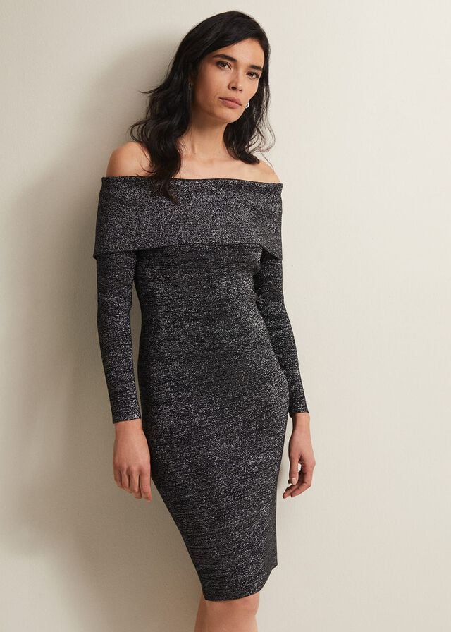 Black / Silver Phase Eight Heidited Bardot Knitwear | 0834KXCGQ