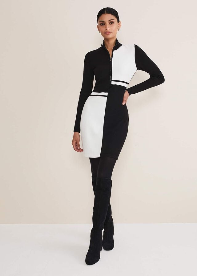 Black / White Phase Eight Arden Zip Detail Colourblock Tunic Dress | 2190ACKYL