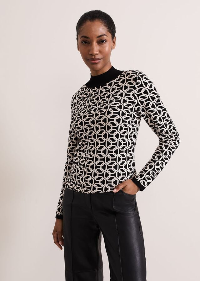 Black / White Phase Eight Callie Chain Jacquard Fitted Knitwear | 9142MBELV