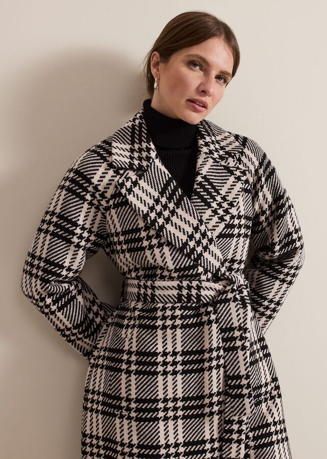 Black / White Phase Eight Petite Cassie Check Wool Wrap Coats | 1286QWMRB