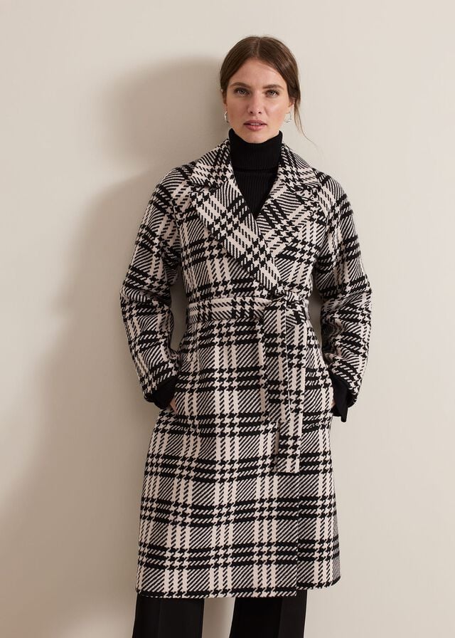 Black / White Phase Eight Petite Cassie Check Wool Wrap Coats | 1286QWMRB