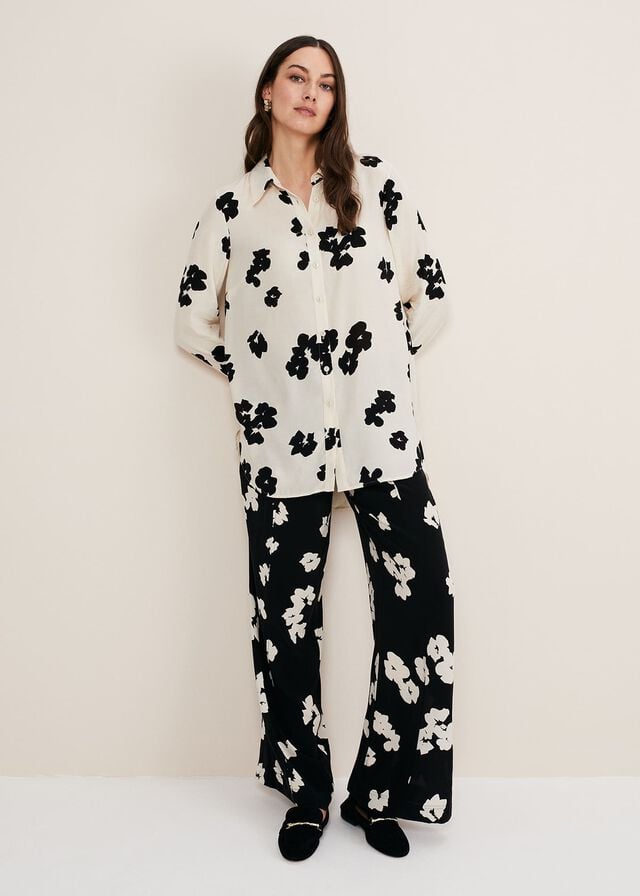 Black / White Phase Eight Rae Floral Longline Shirts | 6351JDCTB