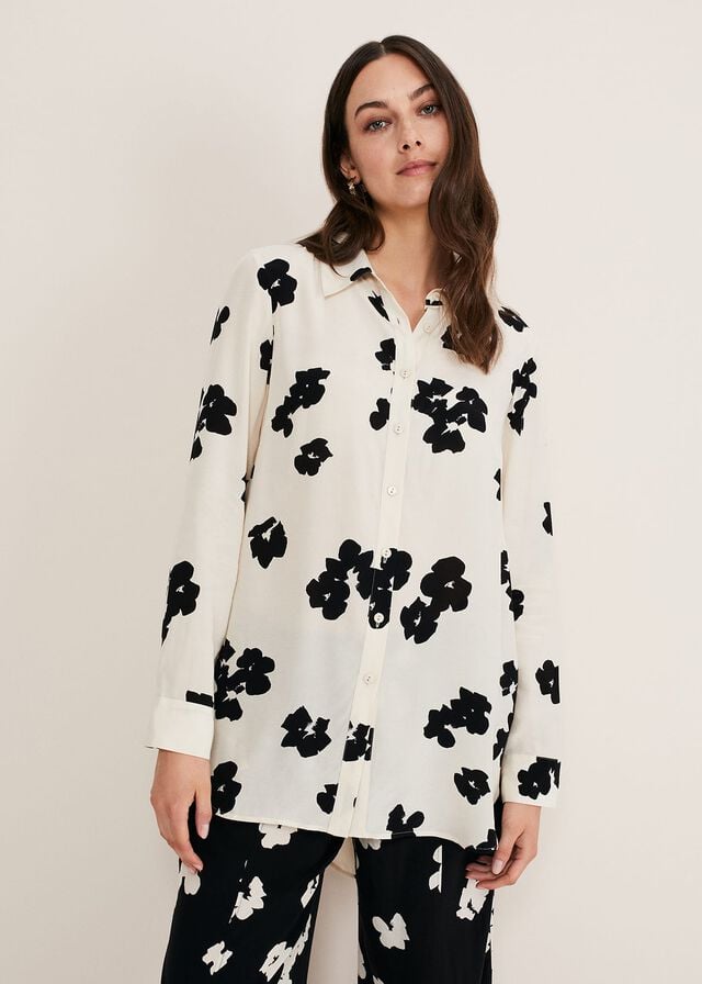 Black / White Phase Eight Rae Floral Longline Shirts | 6351JDCTB