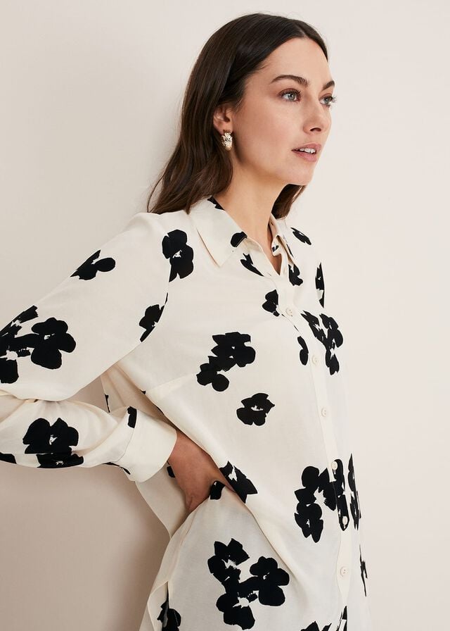 Black / White Phase Eight Rae Floral Longline Shirts | 6351JDCTB