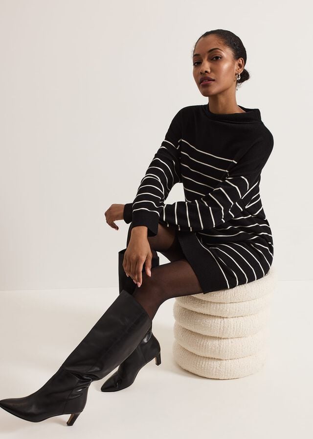 Black / White Phase Eight Skylar Stripe Funnel Neck Dress | 7934FSRAY