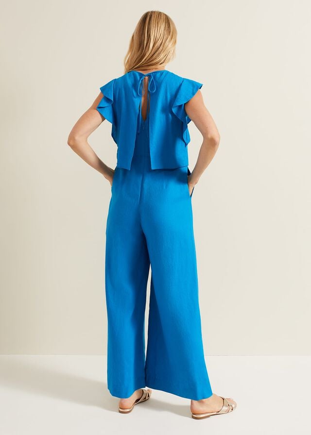 Blue Phase Eight Aubrey Blue Linen Frill Jumpsuit | 3698UQOXT