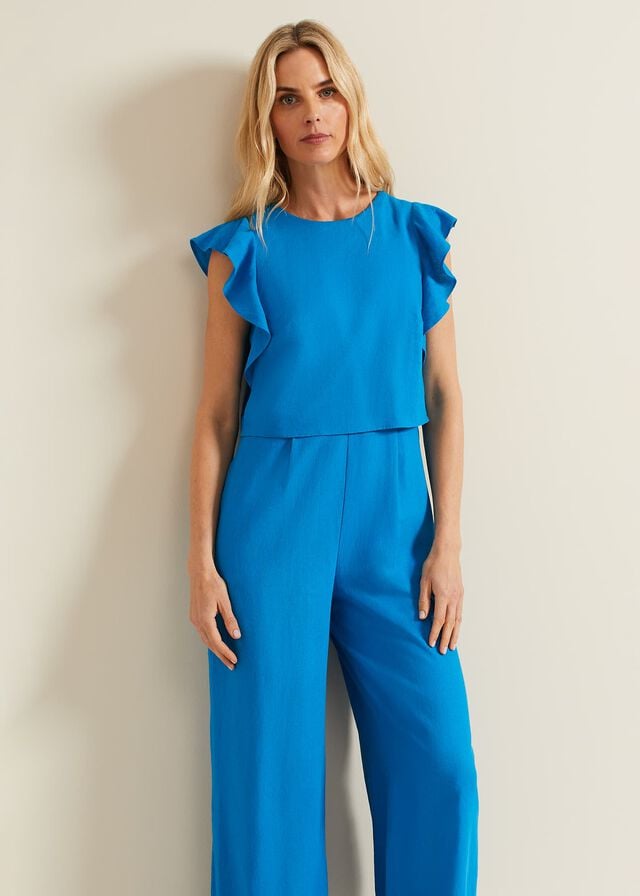 Blue Phase Eight Aubrey Blue Linen Frill Jumpsuit | 3698UQOXT