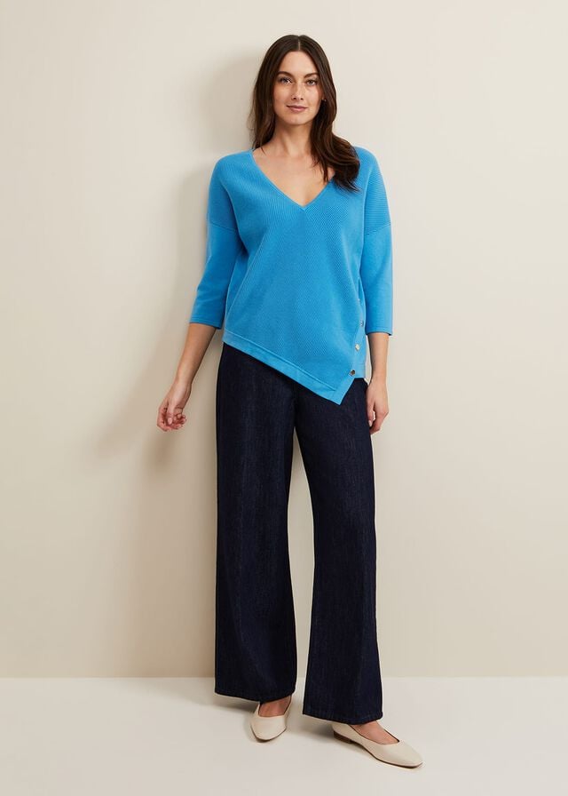 Blue Phase Eight Georgia Ribbed Asymmetric Button Knitwear | 5973TRWSX