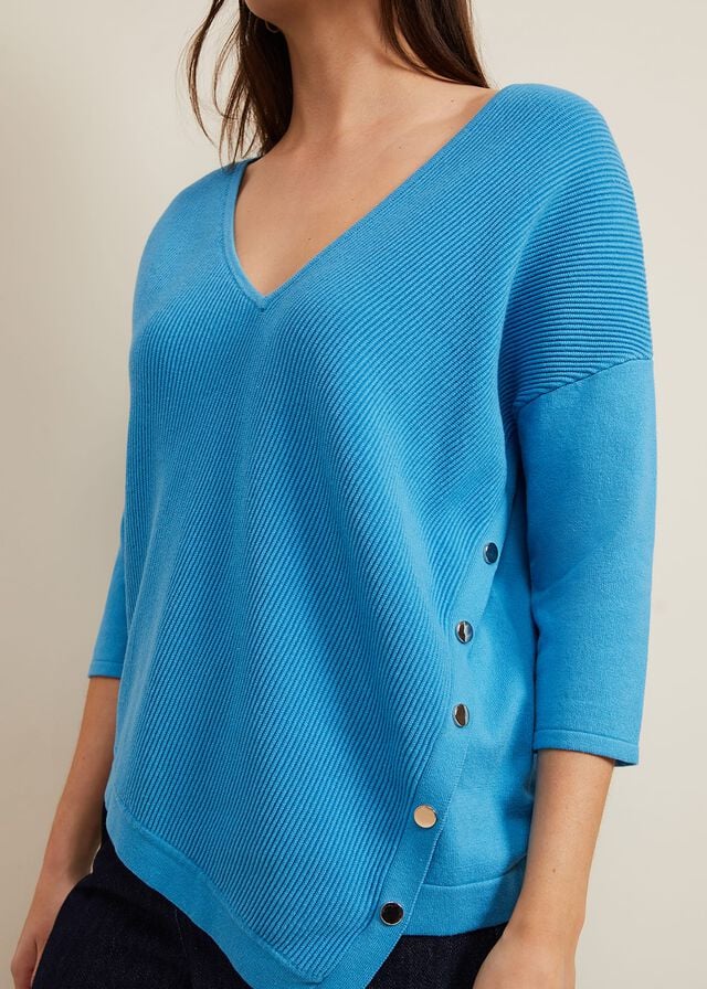 Blue Phase Eight Georgia Ribbed Asymmetric Button Knitwear | 5973TRWSX