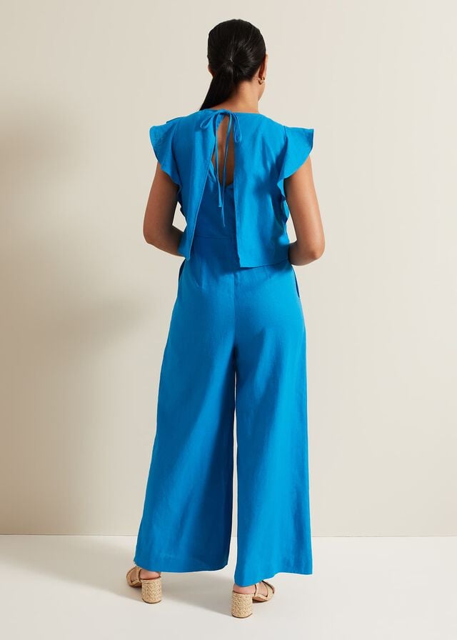 Blue Phase Eight Petite Aubrey Blue Linen Frill Jumpsuit | 9184JMDSV