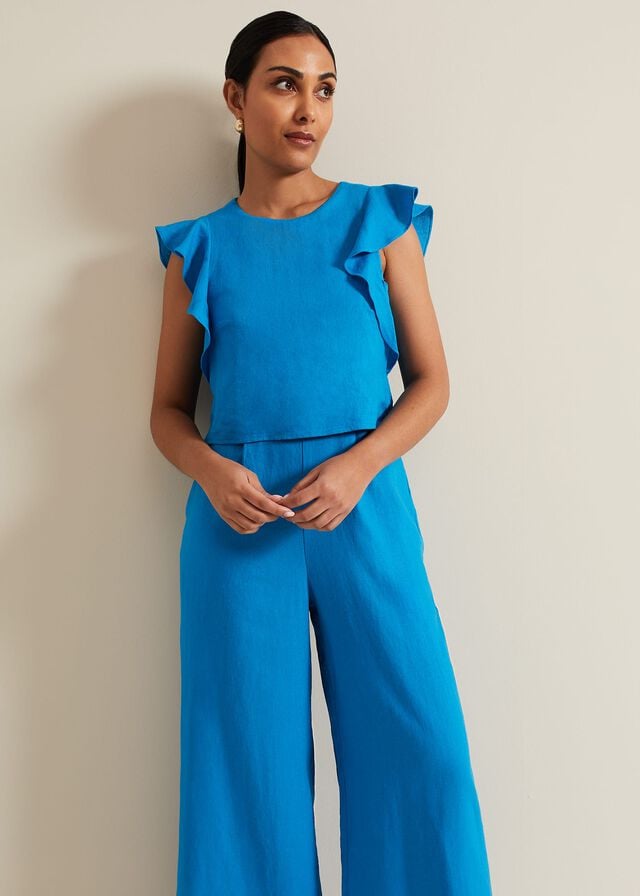 Blue Phase Eight Petite Aubrey Blue Linen Frill Jumpsuit | 9184JMDSV