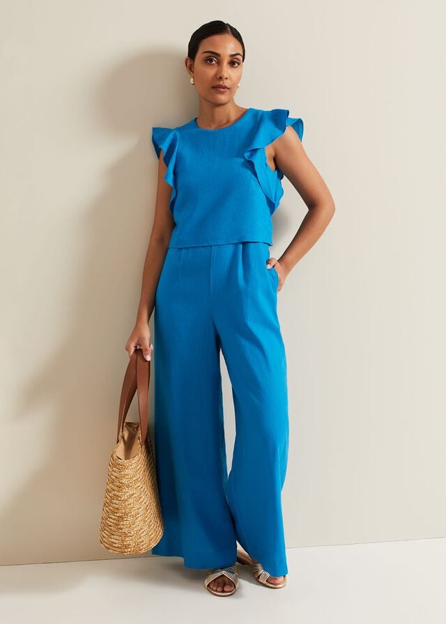 Blue Phase Eight Petite Aubrey Blue Linen Frill Jumpsuit | 9184JMDSV