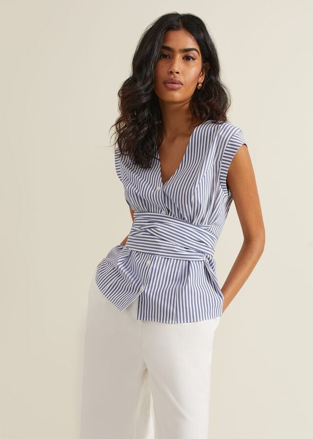 Blue Phase Eight Sadie Striped Tie Waist Shirts | 0182SYWHM