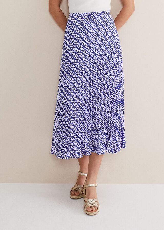 Blue / White Phase Eight Elmina Geo Pleated Skirts | 6085GLDJA