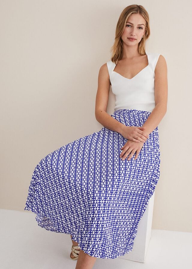 Blue / White Phase Eight Elmina Geo Pleated Skirts | 6085GLDJA