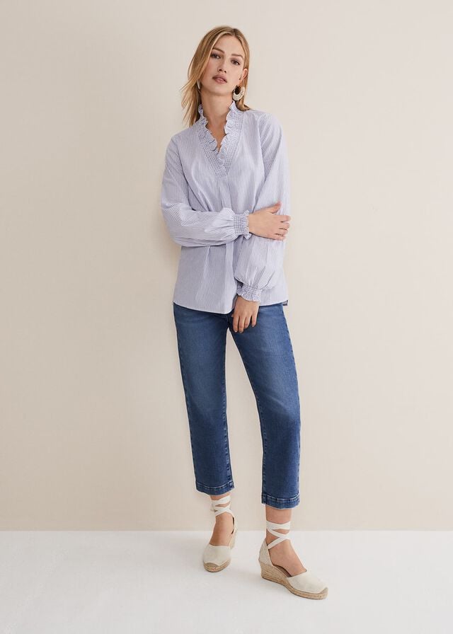 Blue / White Phase Eight Izara Cotton Striped Ruffle Shirts | 2843STXEN