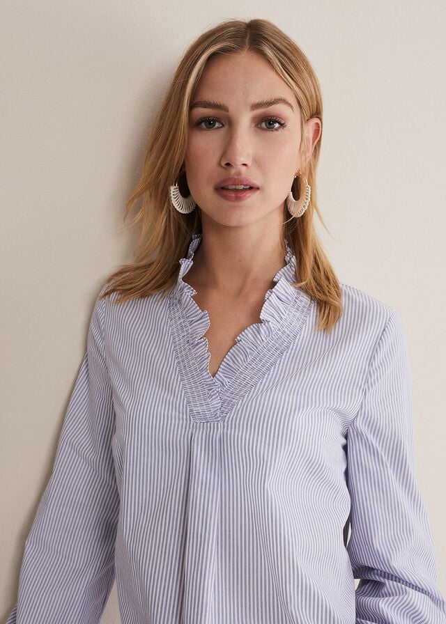 Blue / White Phase Eight Izara Cotton Striped Ruffle Shirts | 2843STXEN