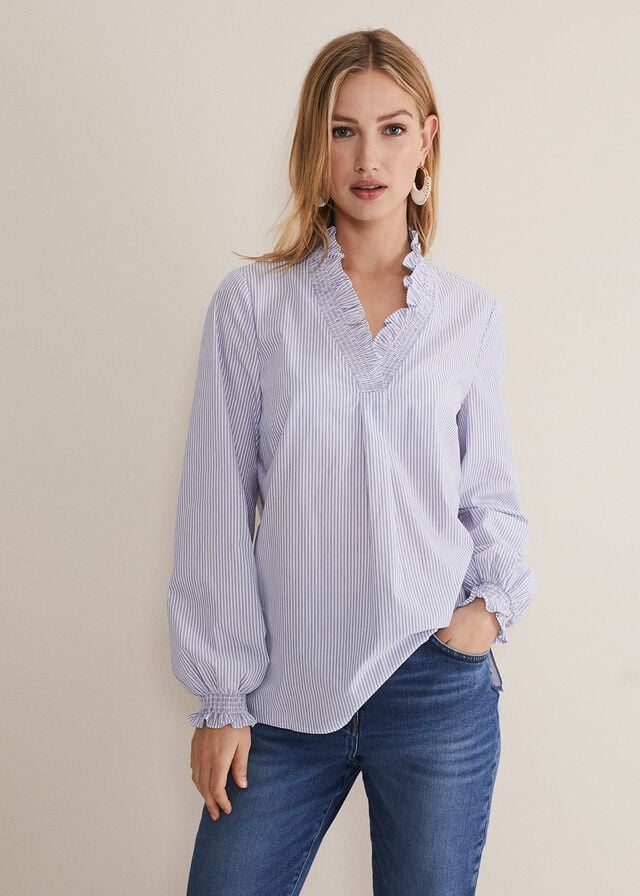 Blue / White Phase Eight Izara Cotton Striped Ruffle Shirts | 2843STXEN