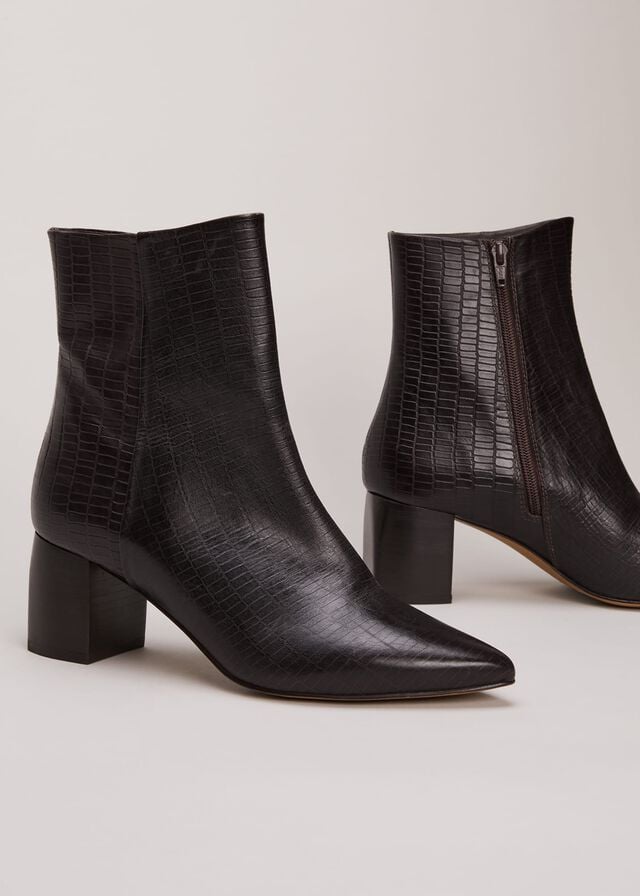 Brown Phase Eight Black Leather Croc Print Boots | 0598BYLZE