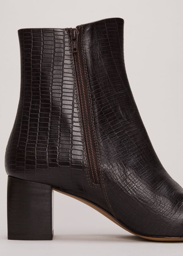 Brown Phase Eight Black Leather Croc Print Boots | 0598BYLZE