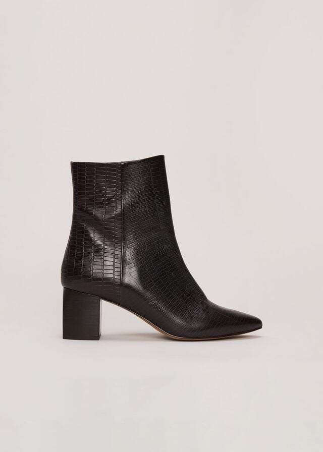 Brown Phase Eight Black Leather Croc Print Boots | 0598BYLZE