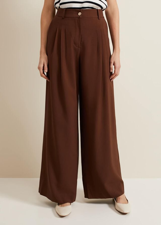 Brown Phase Eight Indiyah Pleated Wide Legs Trousers | 1620MYUPD