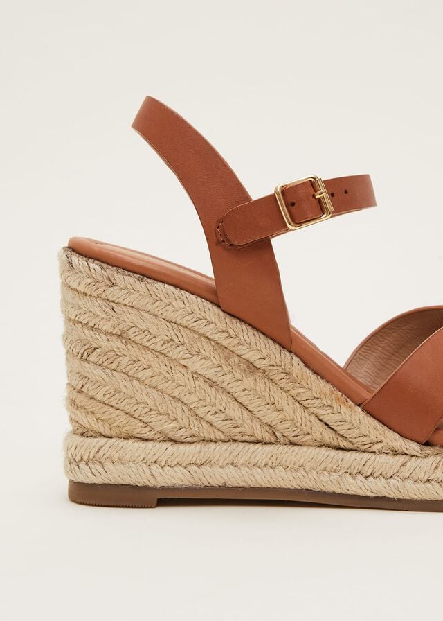 Brown Phase Eight Leather Multi Strap Wedge Espadrille Heels | 6249ENSIQ