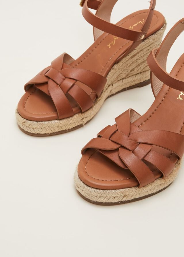 Brown Phase Eight Leather Multi Strap Wedge Espadrille Heels | 6249ENSIQ