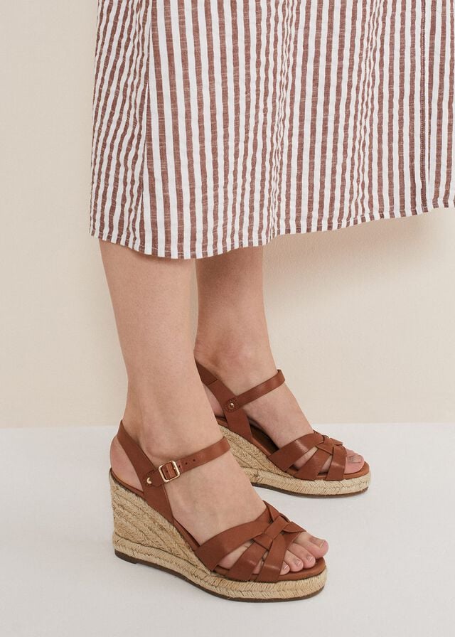 Brown Phase Eight Leather Multi Strap Wedge Espadrille Heels | 6249ENSIQ