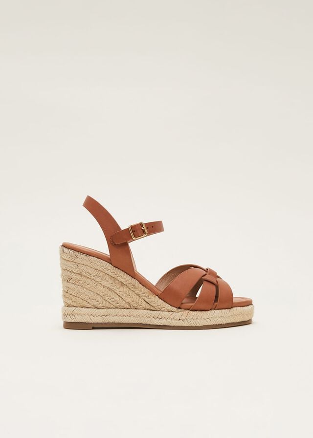 Brown Phase Eight Leather Multi Strap Wedge Espadrille Heels | 6249ENSIQ