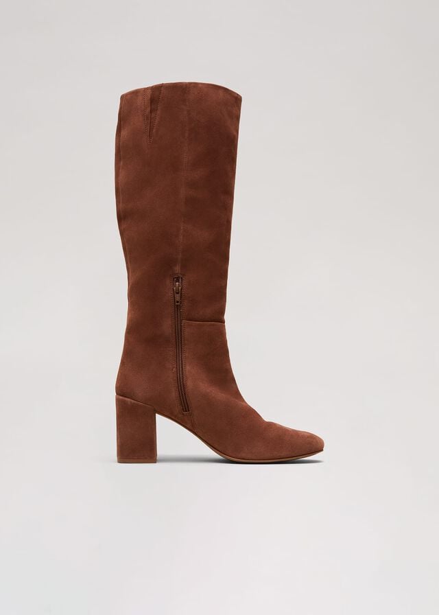 Brown Phase Eight Tan Suede Block Knee Boots | 2350QWRUI