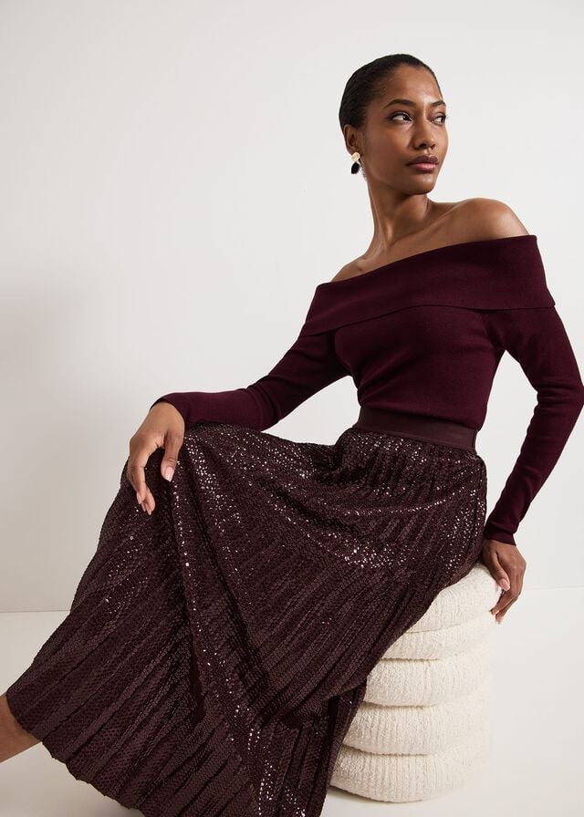 Burgundy Phase Eight Alaina Sequin Pleated Skirts | 6947ZDNWJ