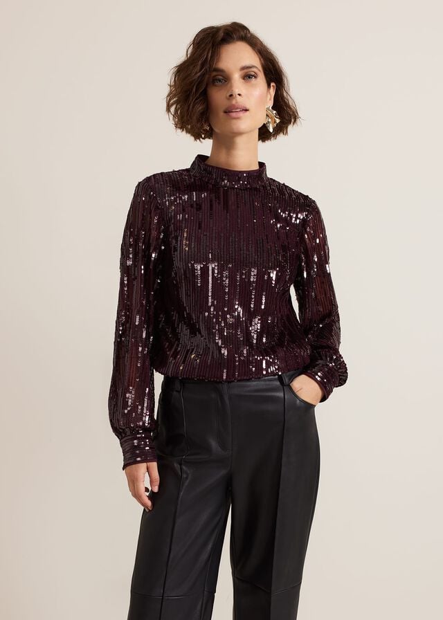 Burgundy Phase Eight Hannah High Neck Sequin Shirts | 0541TABQW